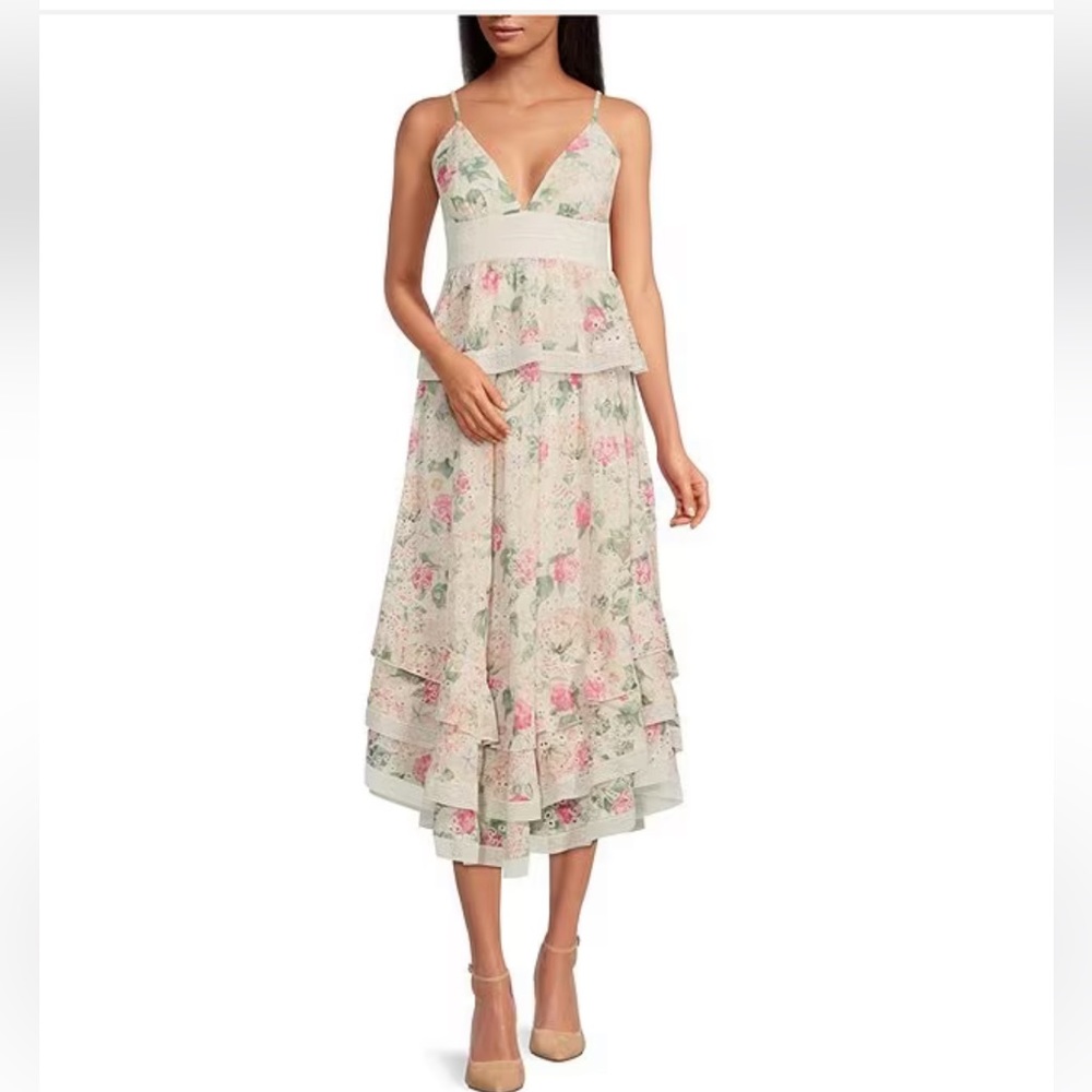NWT GIANNI BINI Midori Floral Print Chiffon V-Neck Peplum Layered Hem A-Line - Picture 5 of 12